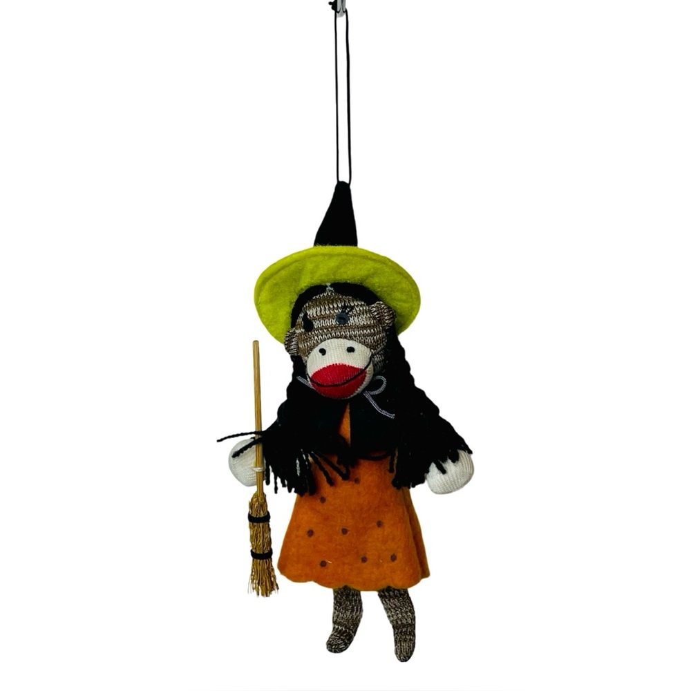 Handmade Sock Monkey Witch – Vintage-Inspired Halloween Folk Art Doll with Broom